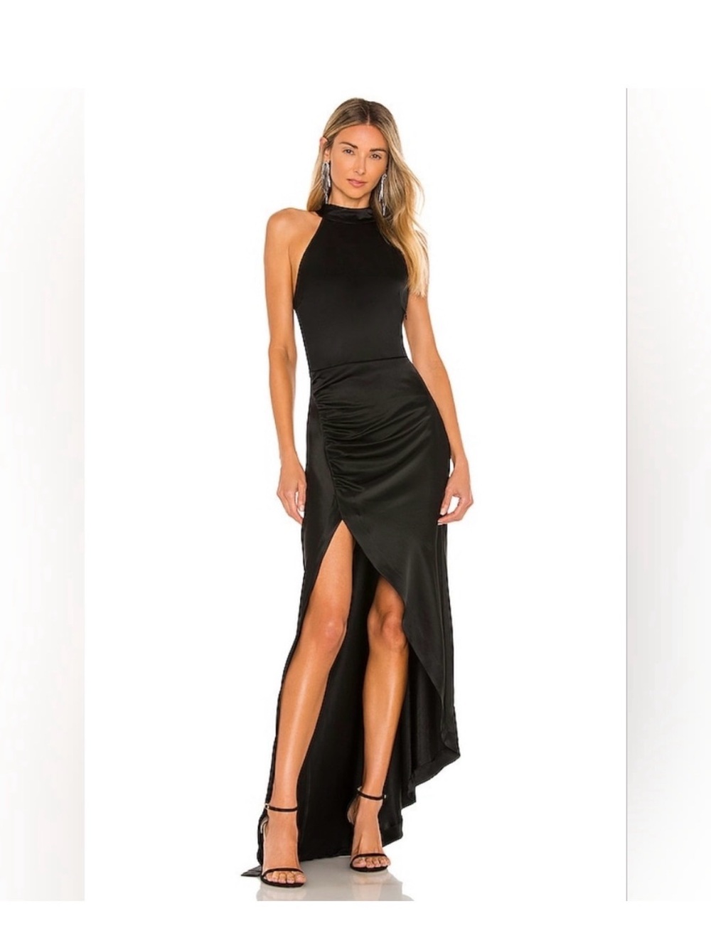 Retrofête Satin Halter Maxi Dress Black Ruched High Slit Gown Size S NWT